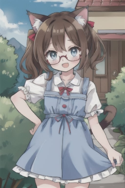 cat_girl,cute,brown_hair,twin_ponytails,short_hair,glasses,light_blue_eyes