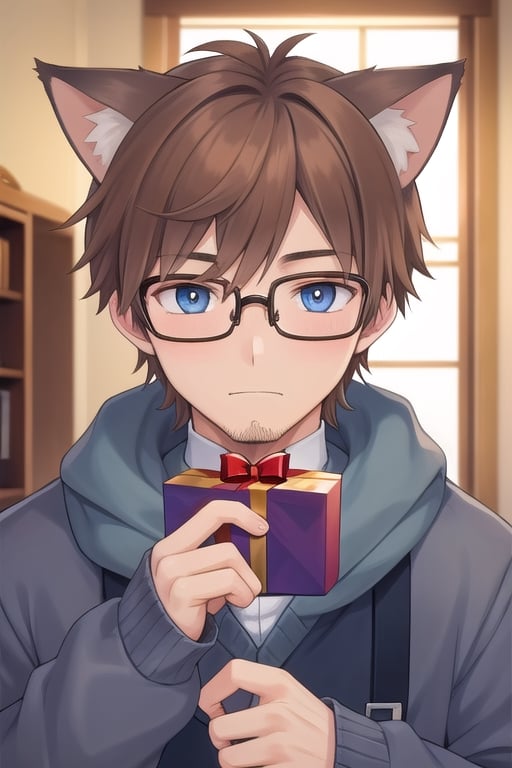 1male,brown_hair,stubble,light_blue_eyes,glasses,cat_ears,christmas_clothing