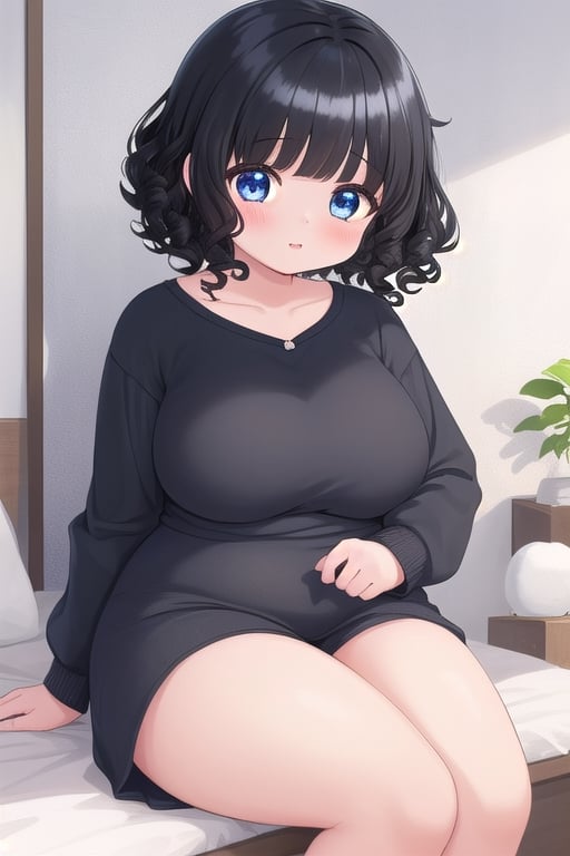 chubby_female,cute,black_hair,curly_hair,short_hair,blue_eyes