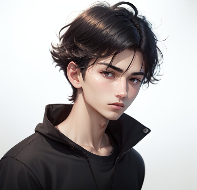 1boy 100% male_focus , solo , malevolent_face, disheveled_hair, frown , open_mouth , straight hair, black_eyes , black_hair , looking_at_viewer , straight body, face , long black jacket over a t-shirt white,blurry_background , v-shaped_eyebrows , close-up , bangs, 