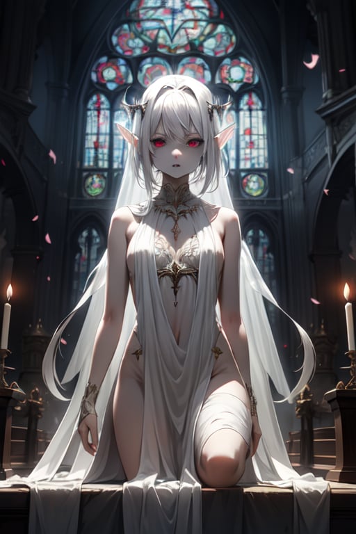 vampire with translucent white skin,  interior gothic church, dramatic illumination, dust particles, looking_at_viewer, threatening gesture, naked skin, big white vampire wings