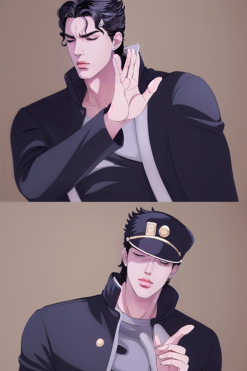 Highly detailed, High Quality, Masterpiece, beautiful, DrakePostingMeme,1boy, upper body, gigachad,kujo jotaro