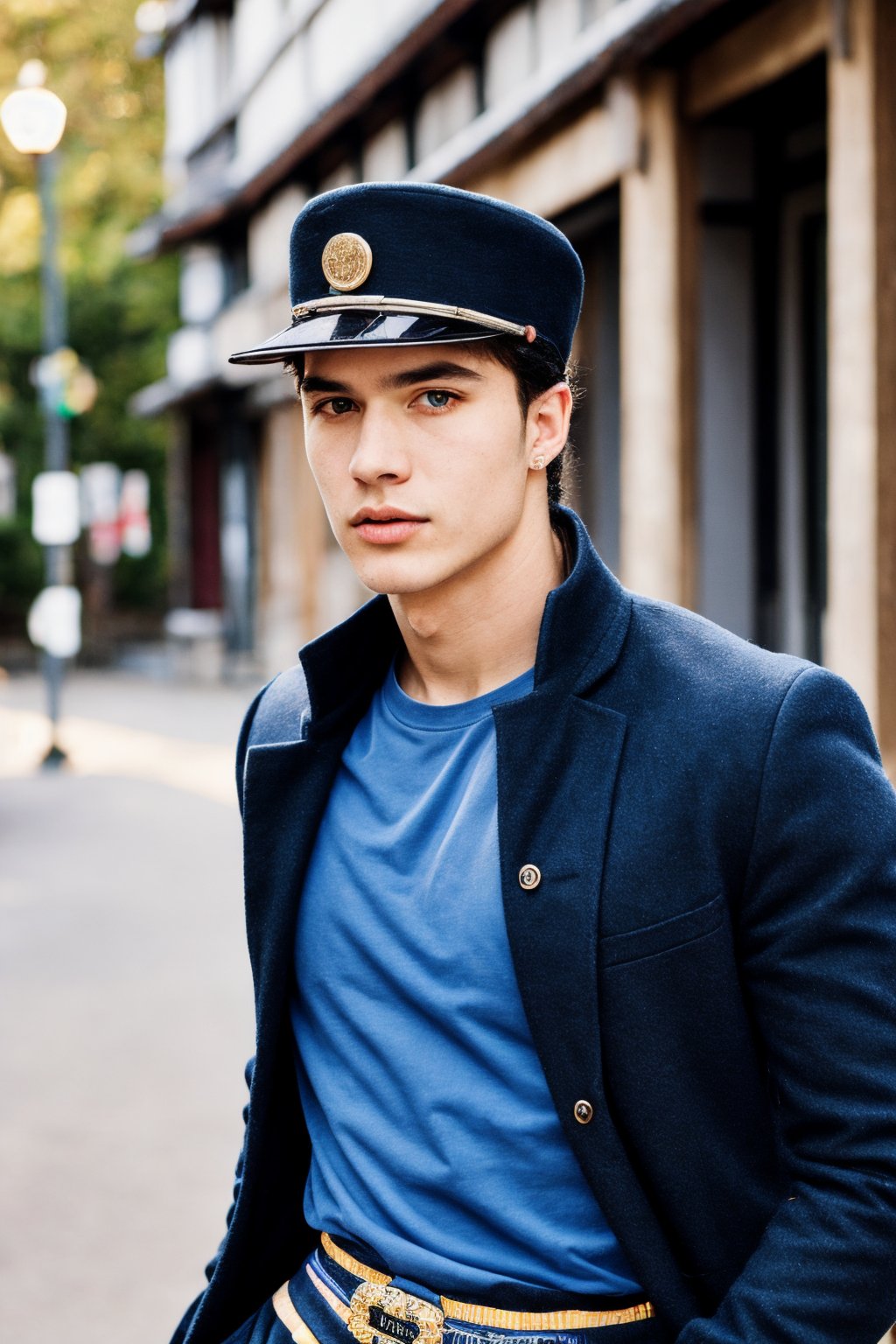 Portrait photo of muscular guy in a black coat, t-shirt and black pants, ((light bokeh)), intricate, (Japanese school uniform black [cap]), elegant, sharp focus, photo by greg rutkowski, soft lighting, vibrant colors, (masterpiece), ((streets)), (detailed face:1.2), (glowing blue eyes:1.1),kujo jotaro