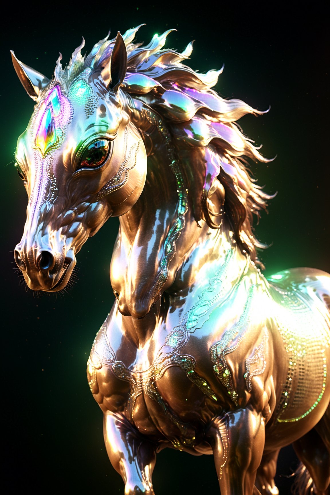 Alien creature in horse shape,  with opalescent skin and iridiscent scales,  masterpiece by riron on Tensor.Art