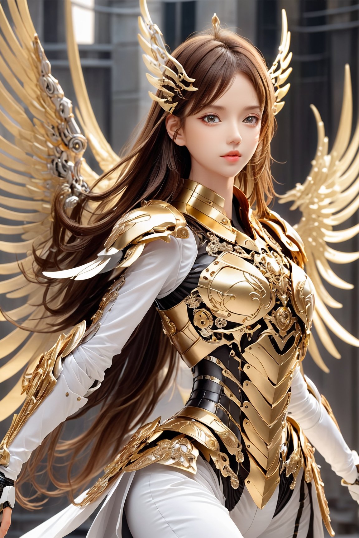 (1girl, looking at viewer), brown long hair, mechanical_wings, dynamic pose, delicate gold filigree, intricate filigree, white metalic parts, golden parts, intricate armor, detailed part, cyborg, Movie Still,ellafreya,candyseul,xxmix_girl