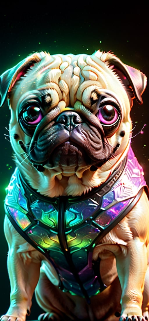 Alien creature in ninja pug dog shape,  with opalescent skin and iridiscent scales,  masterpiece by riron on Tensor.Art