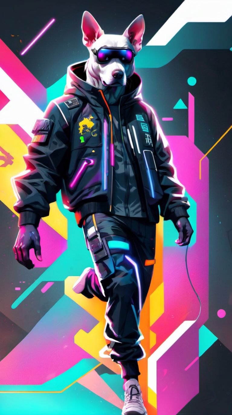 Colorful, cyberpunk, 1man , techwear suite, googles, dynamic pose, grafiti:1.5, sci-fi, futurism, vivid, with dog, high_res