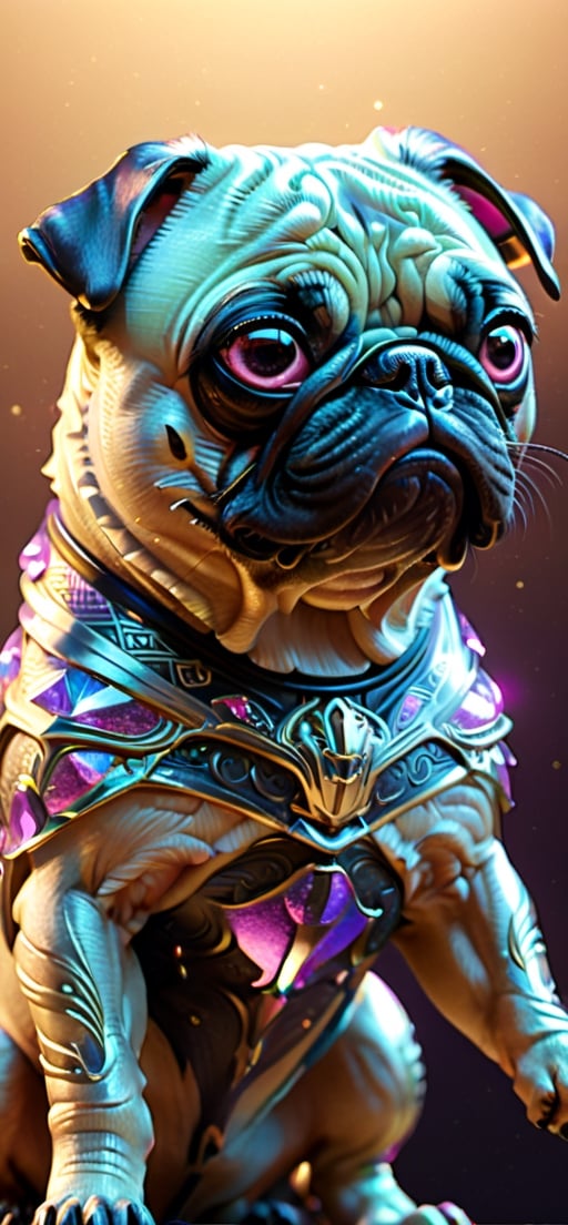 Alien creature in ninja pug dog shape,  with opalescent skin and iridiscent scales,  masterpiece by riron on Tensor.Art
