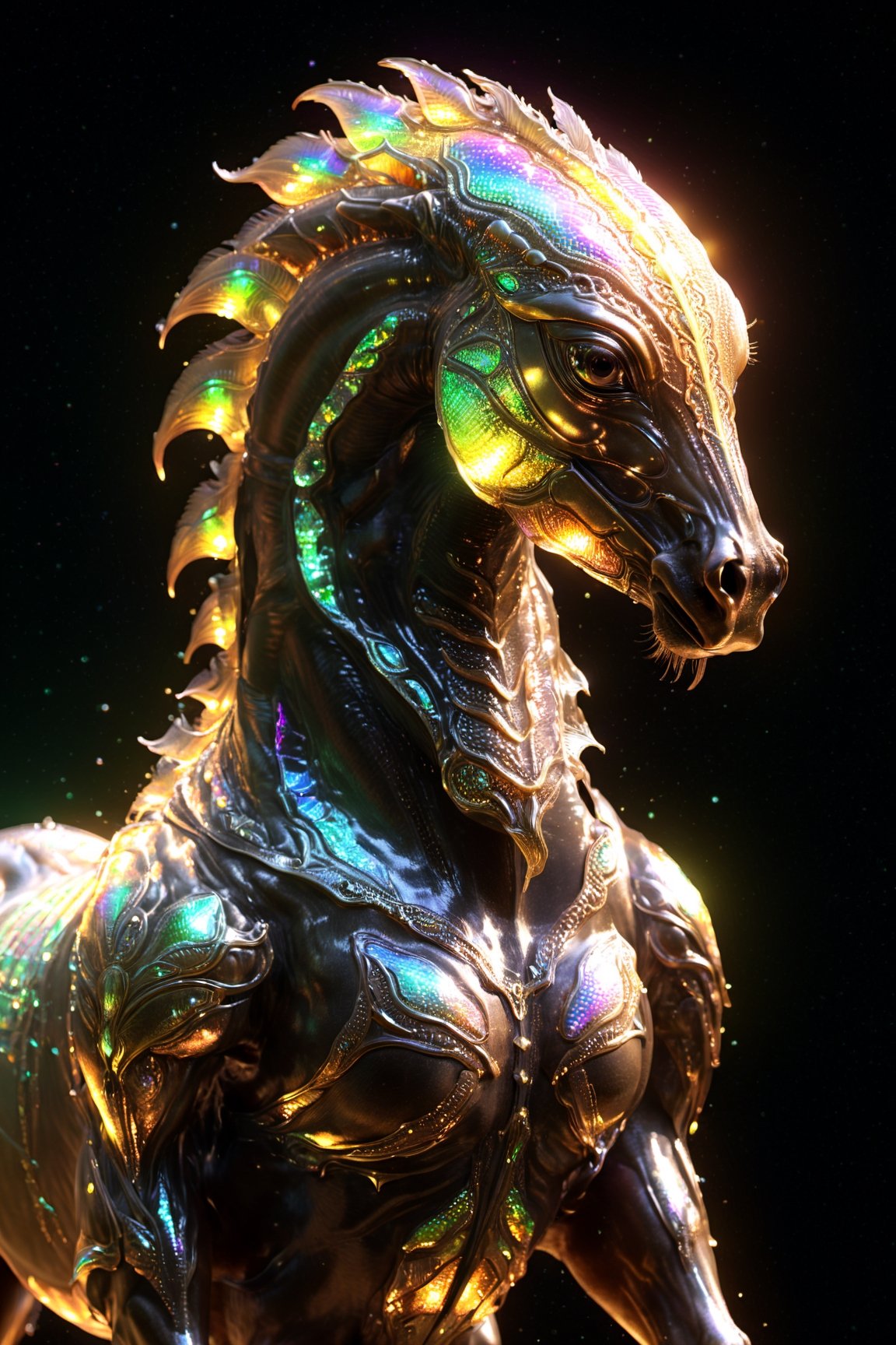 Alien creature in horse shape,  with opalescent skin and iridiscent scales,  masterpiece by riron on Tensor.Art
