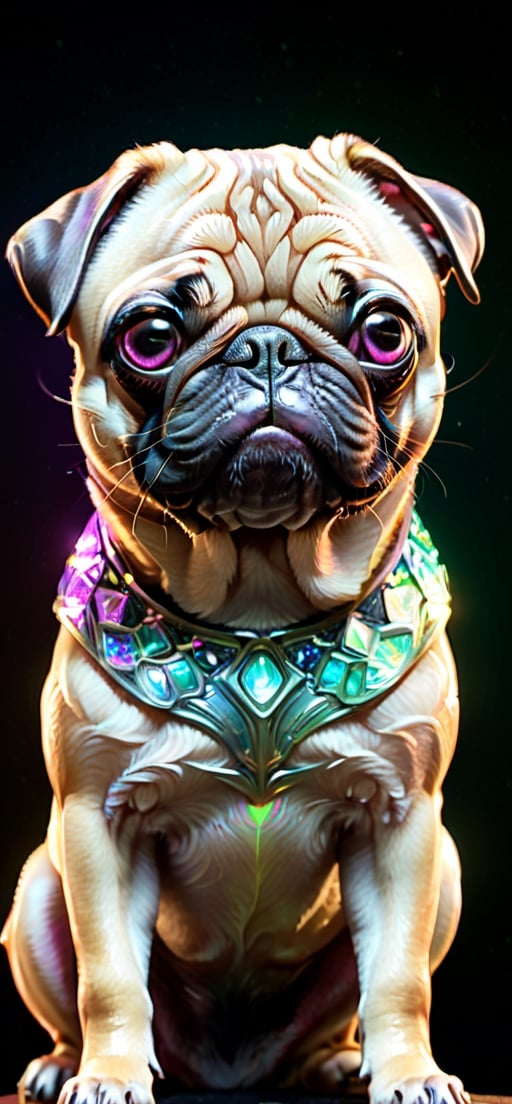 Alien creature in pug dog shape,  with opalescent skin and iridiscent scales,  masterpiece by riron on Tensor.Art
