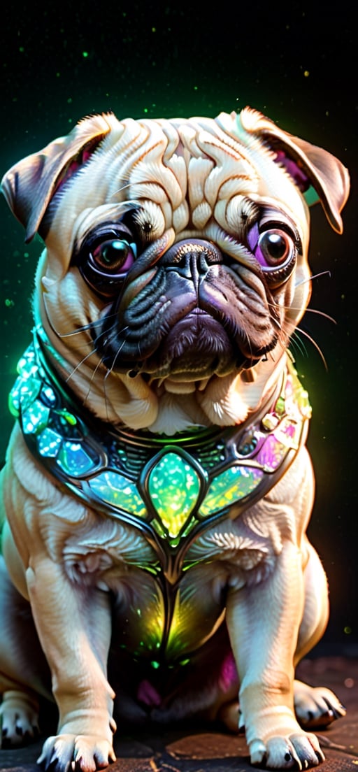 Alien creature in pug dog shape,  with opalescent skin and iridiscent scales,  masterpiece by riron on Tensor.Art