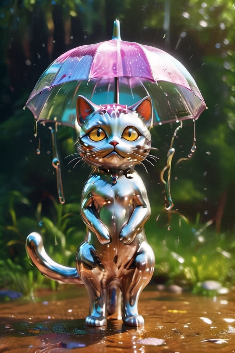 cute tiny wet cat in rain, shimmering fur, glittery eyes, cg render, 4k, simple, asthetic (3d, cute, chibi style), ((perfect high detailed image)), hyper-realistic detailed rendering, elegant pose, professional lighting, intricate details,aw0k meltdown style