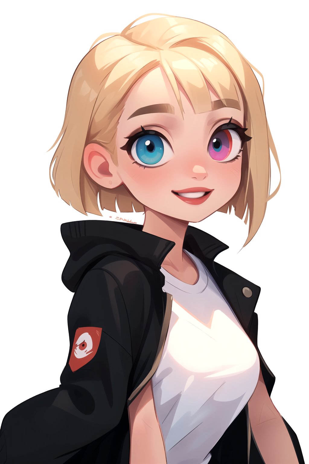 white girl, thicc, solo, upper body, looking at viewer, white background, bob cut, [bows in the hair], heterochromia eyes, blonde hair, red lips, eyeliner, smile, jacket, SAM YANG art style, cute, 8k, HD