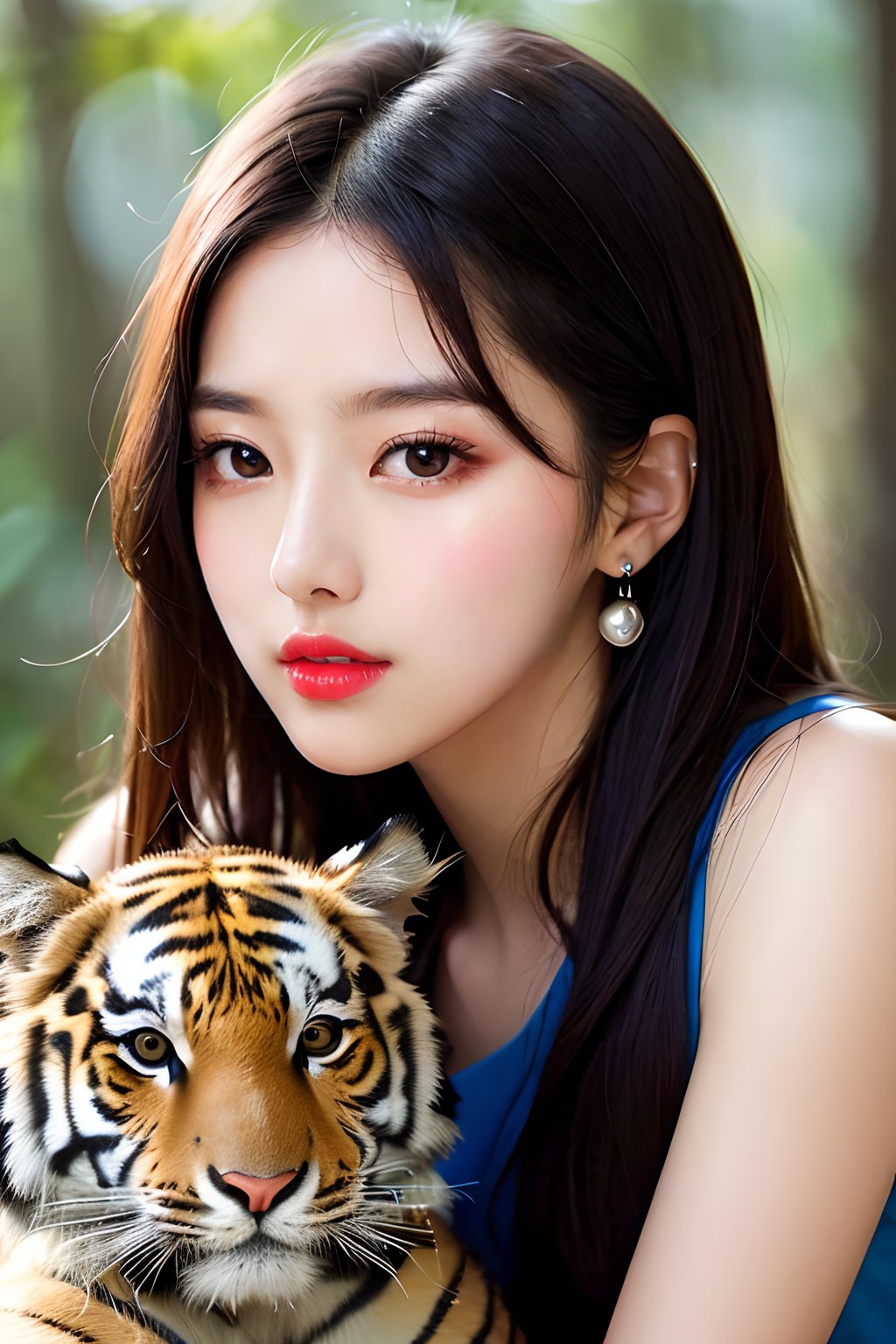 fullbody,photo of  a small girl with a tiger, silver and red, hurufiyya, adventurecore, wood, caravaggism, beautiful,  dslr, 8k, 4k, ultrarealistic, realistic, natural skin, textured skin, (perfect shiny skins), (beautiful_eyes), round eyes, pretty face, Blushing face, glossy lips, high nose bridge, detailed face, shiny eyes, (kpop idol, korean mixed), a face of perfect proportion, high nose, realistic humid skin, black eyes, red lips,