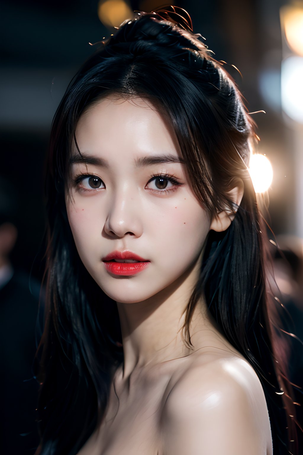 (full body:1.0),(big breasts),standing,ultrarealistic, realistic, natural skin, textured skin, (perfect shiny skins), side light,(beautiful_eyes), round eyes, pretty face, Blushing face, glossy lips, high nose bridge, detailed face, shiny eyes, (kpop idol, korean mixed), a face of perfect proportion, high nose, realistic humid skin, black eyes, red lips, backlit, intricate details, highly detailed, slate atmosphere, cinematic, dimmed colors, dark shot, muted colors, film grain, lut, spooky, depth blur, blurry background dof, bokeh, realistic, realistic skin,Karina