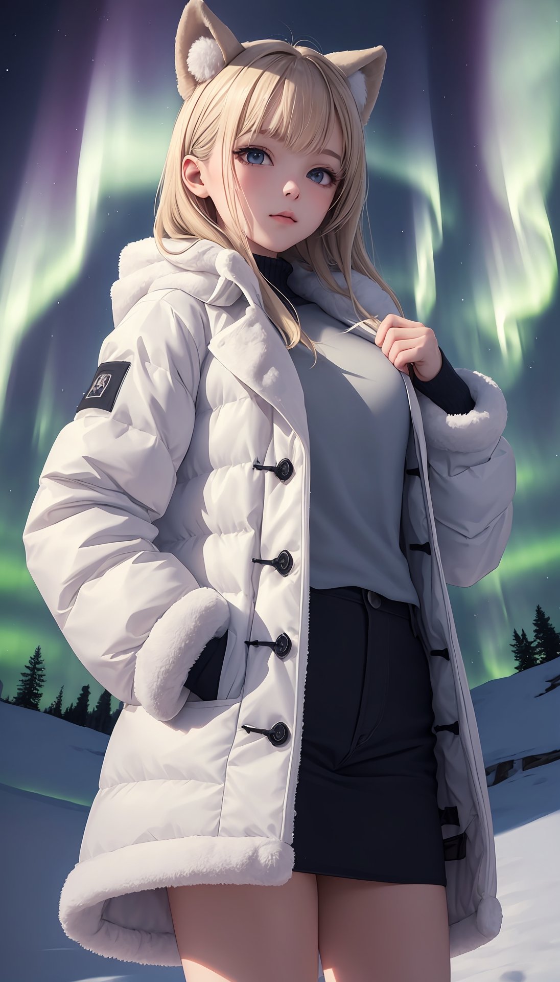 (best quality, masterpiece:1.2),ultra detailed,1girl,fluffy coat,northern_lights