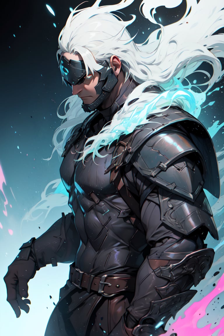 A muscular, male figure, stands powerfully, armor 30 year old muscular man. Lower angle, exagered perspective, spectral powers, ghostly aura, ready for action pose, blue face with white glowing eyes. white hair, armored helmet