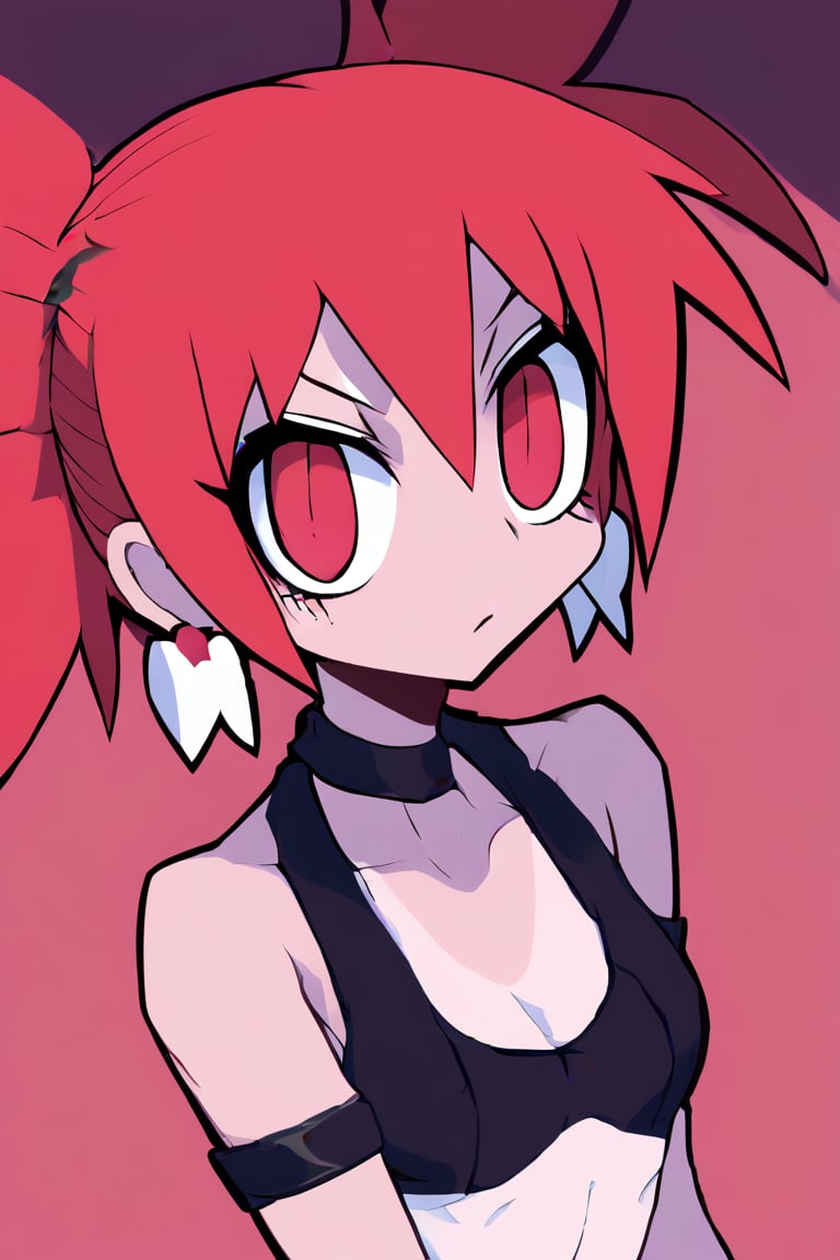 Etna (Disgaea), lustfull look, tanlines, earrings, bracelet, collarbone, large bust, helltaker style, red eyes, red hair