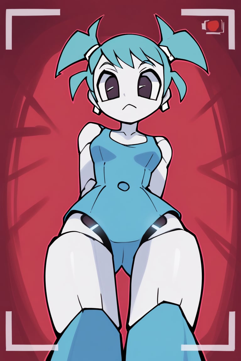 xj9, robot girl, robot joints, android, joints, short blue top, short blue underwear, symetrical twintails, aqua hair ,black eyes,white skin, lustfull look, tanlines, earrings, collarbone, large bust, helltaker style, colored skin, white skin, (1girl), only 1 girl, perfectly drawn fingers, camera view from below, looking downward at the viewer, hands behind back