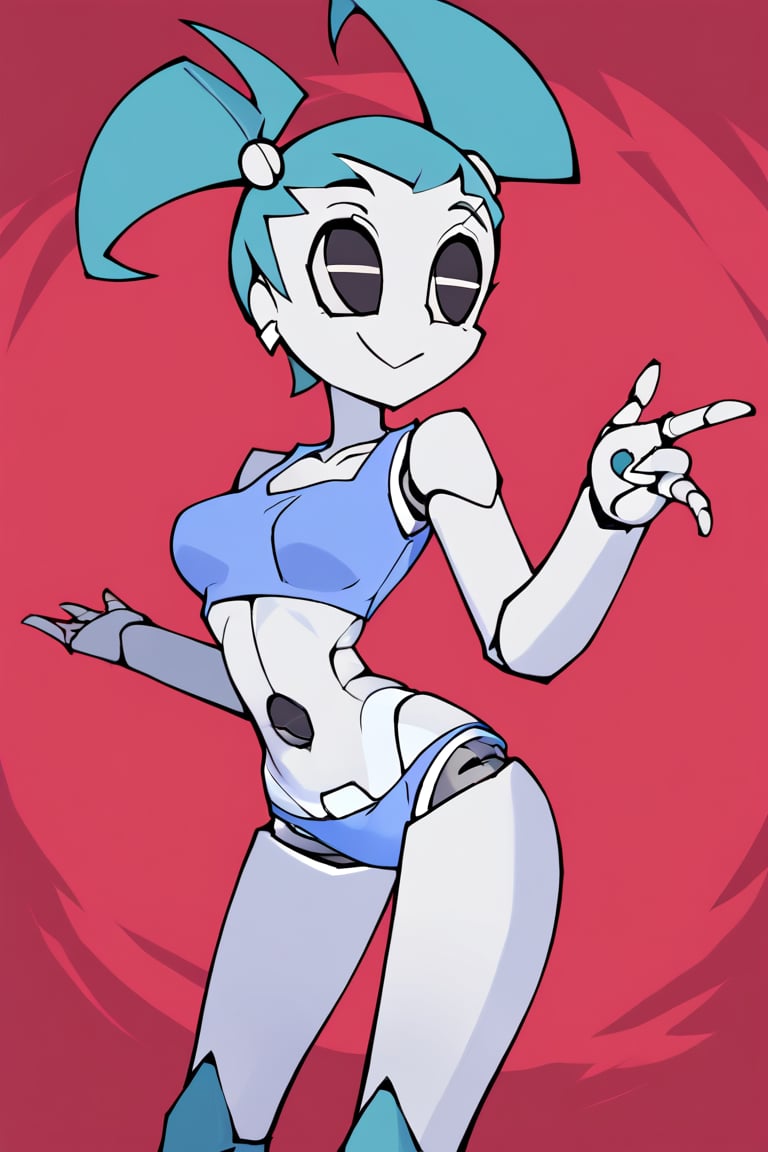 xj9, robot girl, robot joints, android, joints, short blue top, short blue underwear, symetrical twintails, aqua hair ,black eyes,white skin, lustfull look, tanlines, earrings, collarbone, large bust, helltaker style, colored skin, white skin, (1girl), only 1 girl