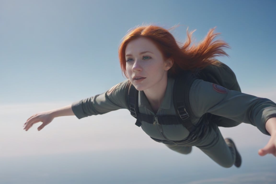 a very cute redhead girl jumping from a plane in a parachute. High detail. Hyper realistic. beautiful. sunny morning, blue sky. cinematic lighting, view from below.,Wonder of Beauty,<lora:659095807385103906:1.0>