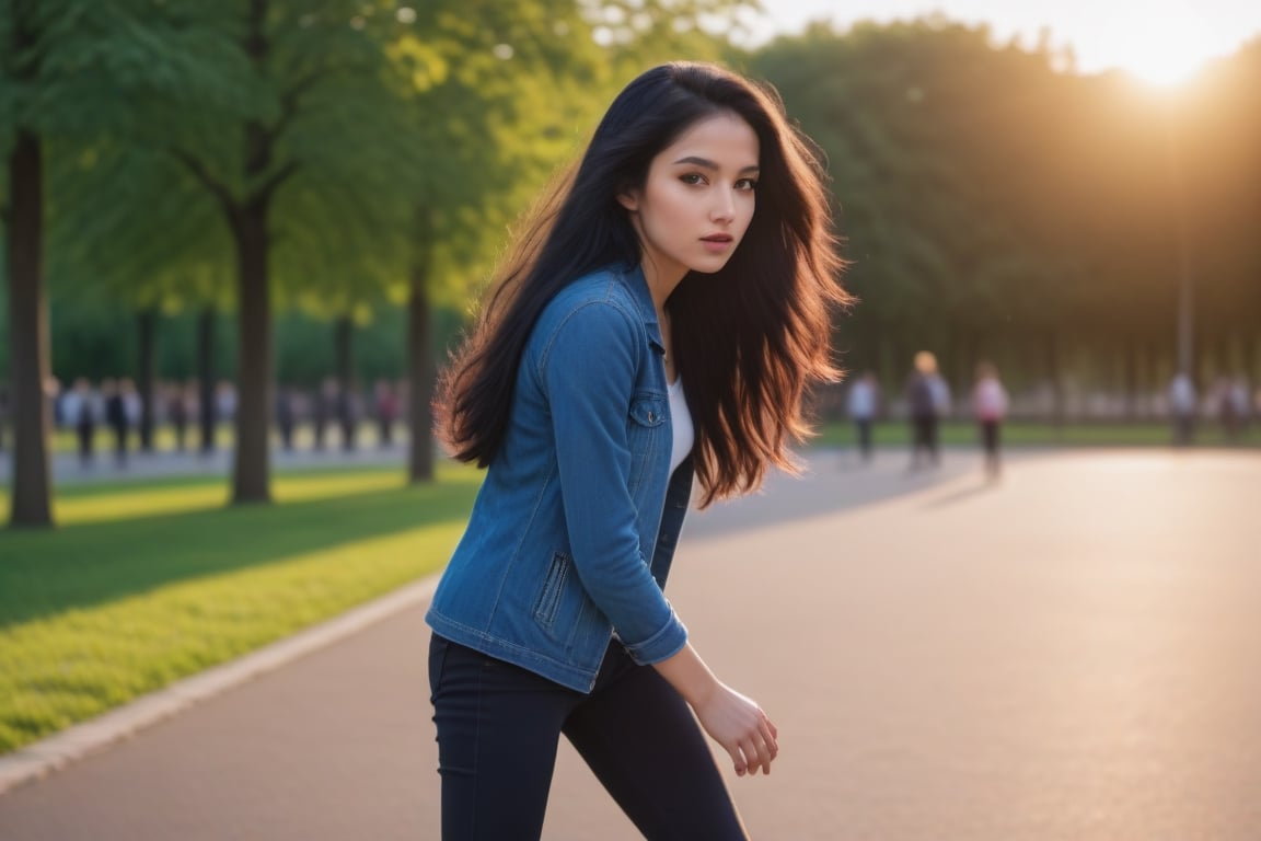 a beautiful girl, long black hair, roller skating in a park. great. golden hour. high detail. hyper realism. cinematic light.,<lora:659095807385103906:1.0>