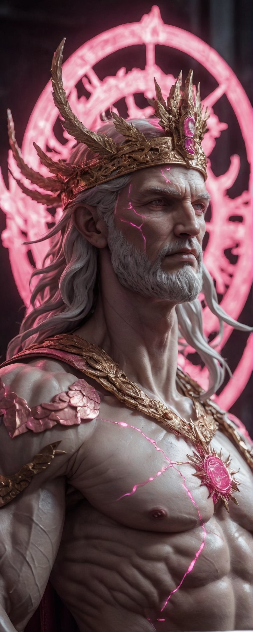 photo of fullbody rococo and cyberpunk delicate neon pink sculpture of a hulking herculean muscular onyx albino marble jesus christ as an iridescent humanoid deity, angelic halo, wings, crown of thorns, cinematic lighting, photorealistic, octane render, 8 k, depth of field, 3 d portrait of a God made of fire, Dark Souls 3 themed, in style of Ruan Jia, insanely detailed and intricate, golden ratio, elegant, ornate, luxury, elite, matte painting, cinematic, cgsociety, James jean, Brian froud, ross tran, Laputa