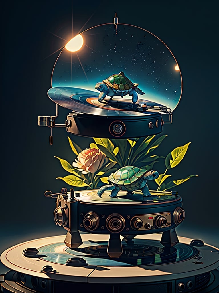 matte painting of a cute alien scout ship buried a pond, 4 k a turtle plushie on top of a vinyl record player, 30mm, by Noah Bradley trending on ArtStation, deviantart, high detail, stylized portrait sexy boobs