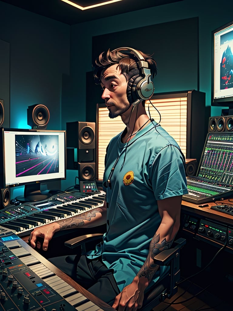 man with headphones at his home studio producing music late at night, very detailed, 4 k, cory loftis, james gilleard, atey ghailan, makoto shinkai, goro fujita, studio ghibli, rim light, exquisite lighting, clear focus, very coherent scientists create the old god, Polaroid sexy boobs