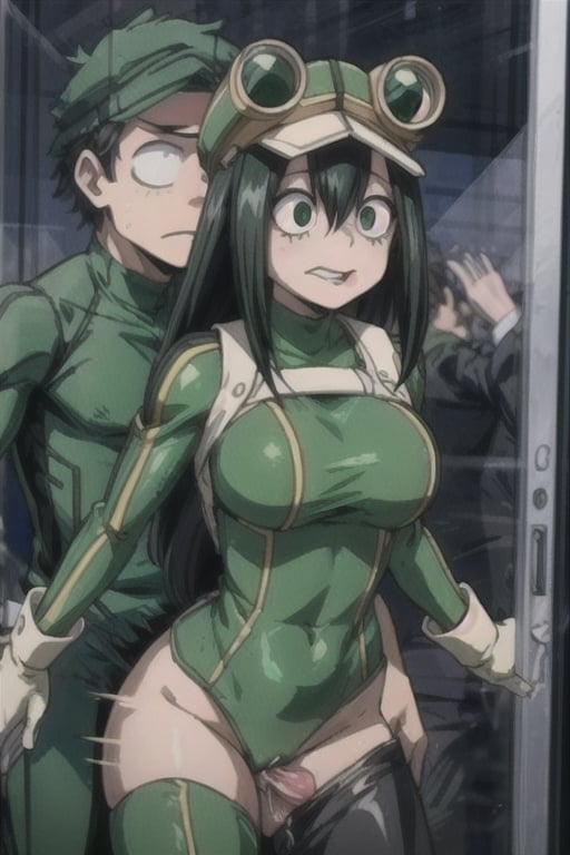 master piece, 4k, doble penetration, penetration, sex, abuse, nude breast, green leotard, green bodysuit, sex, abuse, callejon,1girl, multiple penis, orgy, multiple penises, class,asui tsuyu,against glass