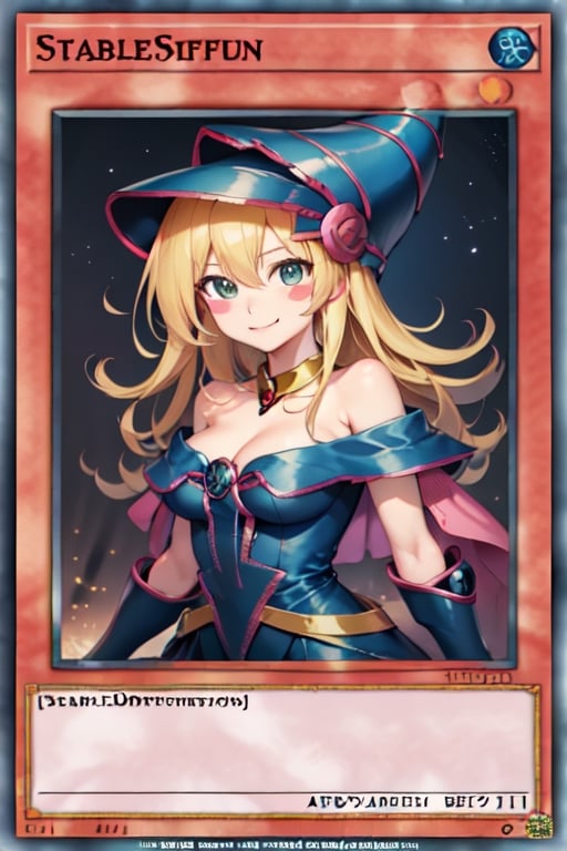 yugioh_card,(anime style),masterpiece, best quality, hmdmg1, wizard hat, blush, blush stickers, cleavage, bare shoulders, dress, off shoulder, command spell, magic, magic circle, magic wand, smile