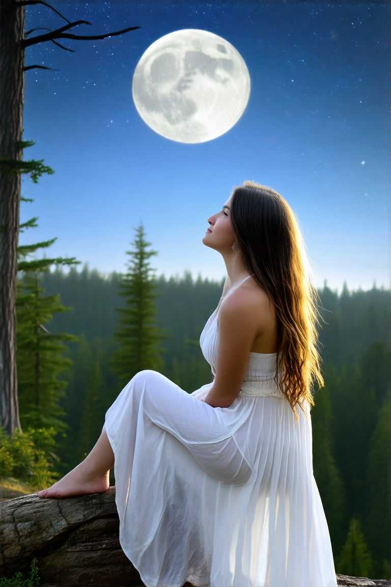 beautiful woman dressed in white,  sitting on a rock looking at the moonlight,  night forest landscape. by Xavierft on Ten...