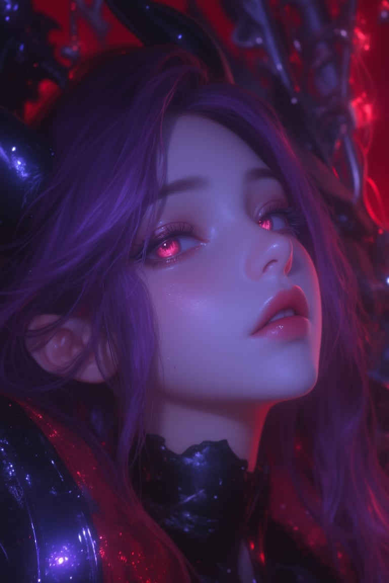 a close up face of a beautiful female demon lord, anime, illustration, 1girl, purple hair, long hair, hime cut, red eyes, glowing eyes, unique eyes, pale skin, dark fantasy style, in throne room, indoors, dark room, voluptuous, hourglass body, extremely sexy, illuxystyle