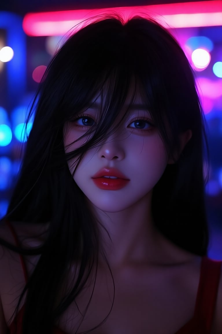 beauty_asian, illuxystyle, A beautiful korean woman at nightclub, hair cover her left eye, solo focus, wearing red dress, red lips, black long hair, blue eyes, dark room, neon, shiny, 4k UHD, detailed skin, serene, depth of field 