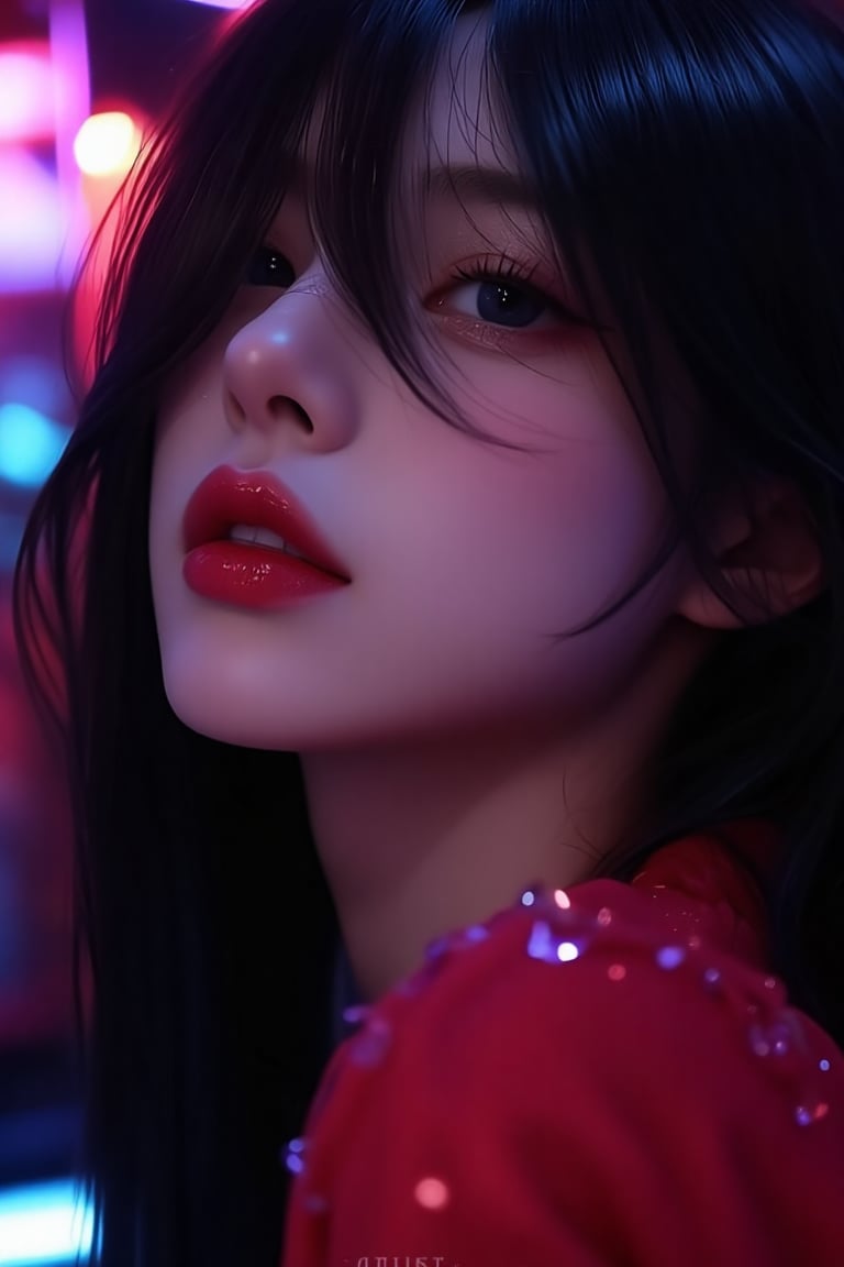 beauty_asian, illuxystyle, A beautiful korean woman at nightclub, hair cover her left eye, solo focus, wearing red dress, red lips, black long hair, blue eyes, dark room, neon, shiny, 4k UHD, detailed skin, serene, depth of field 