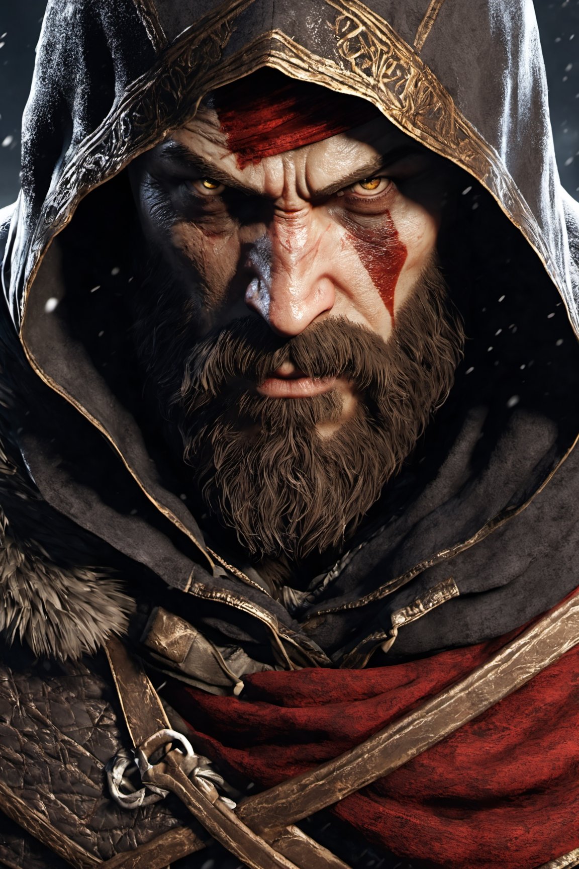 (Highest Quality, 4k, professional lighting, masterpiece, Amazing Details:1.1), (face focus:1.1), (shadowed eyes:1.2), assassin creed, Kratos, winter_clothes, black clothe, hoodie on head, anatomically correct, neutral expression, epic character composition,