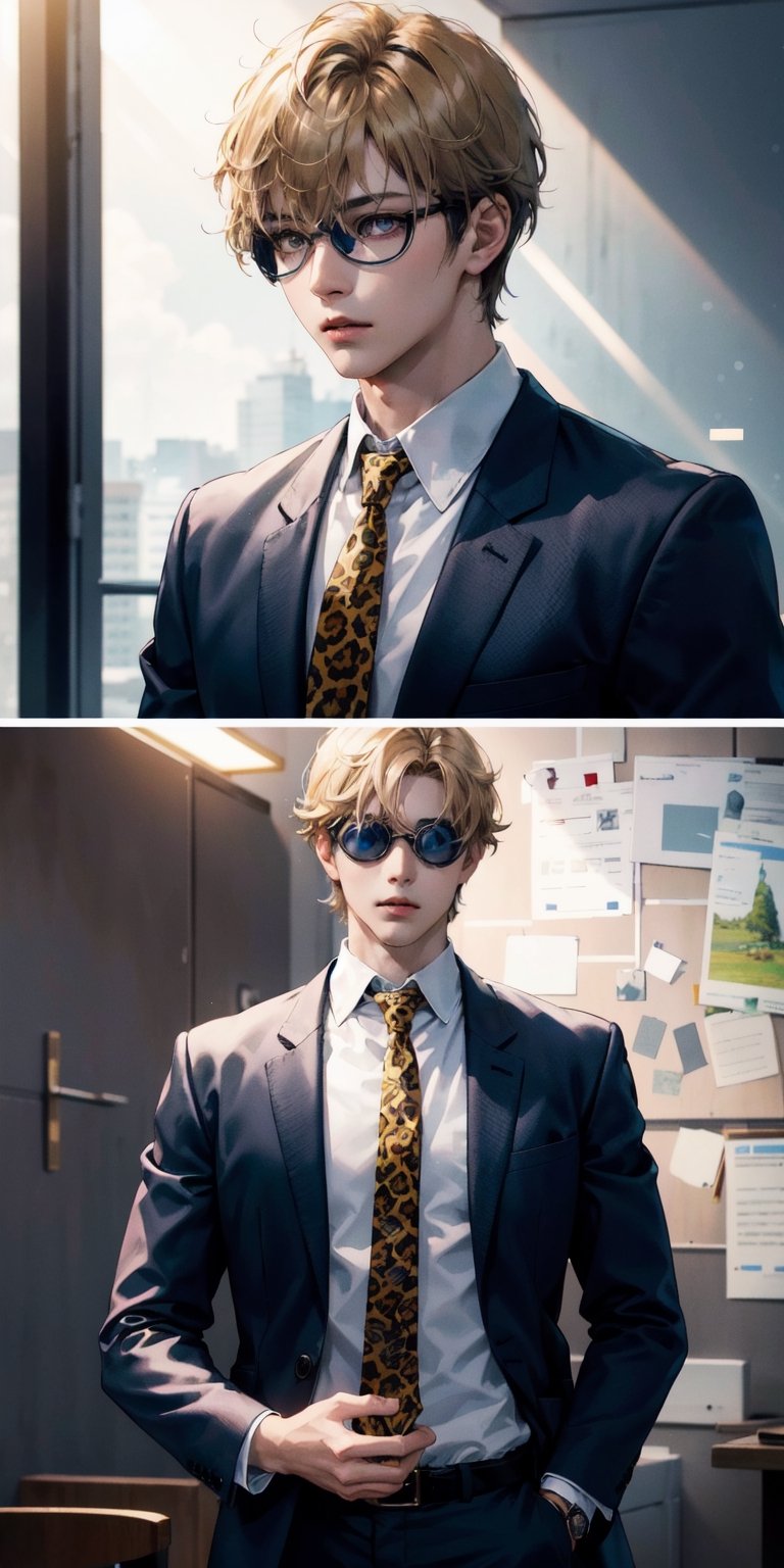 1boy,japanese, handsome, KentoNanami,blond hair, NanamiBase, goggles, grey jacket, yellow necktie, leopard print, blue shirt, NanamiJujutsuTech,  collared shirt, grey pants, wallpaper, cinematic, High resolution 8K, Bright light illumination, lens flare, sharpness, masterpiece, top-quality, The ultra -The high-definition, high resolution, extremely details CG, Anime style, Film Portrait Photography,masterpice,hyperdetail, ,Nanami,