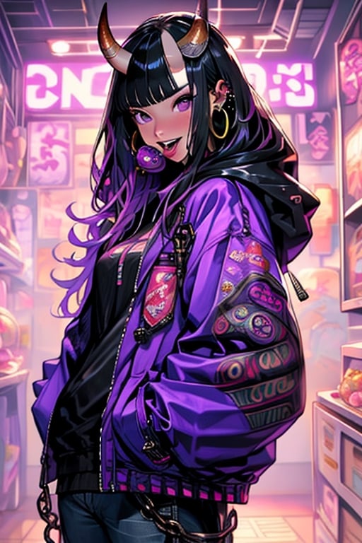 (masterpiece), , (best quality)

1girl, solo, long hair, looking at viewer, black hair, long sleeves, holding, jewelry, purple eyes, jacket, earrings, parted lips, food, horns, teeth, tongue, hood, blunt bangs, bag, nail polish, lips, fingernails, sleeves past wrists, hoodie, chain, piercing, hood down, holding food, ear piercing, candy, black nails, oni horns, hand in pocket, oni, lollipop, hoop earrings, purple jacket, holding candy, demon, holding lollipop