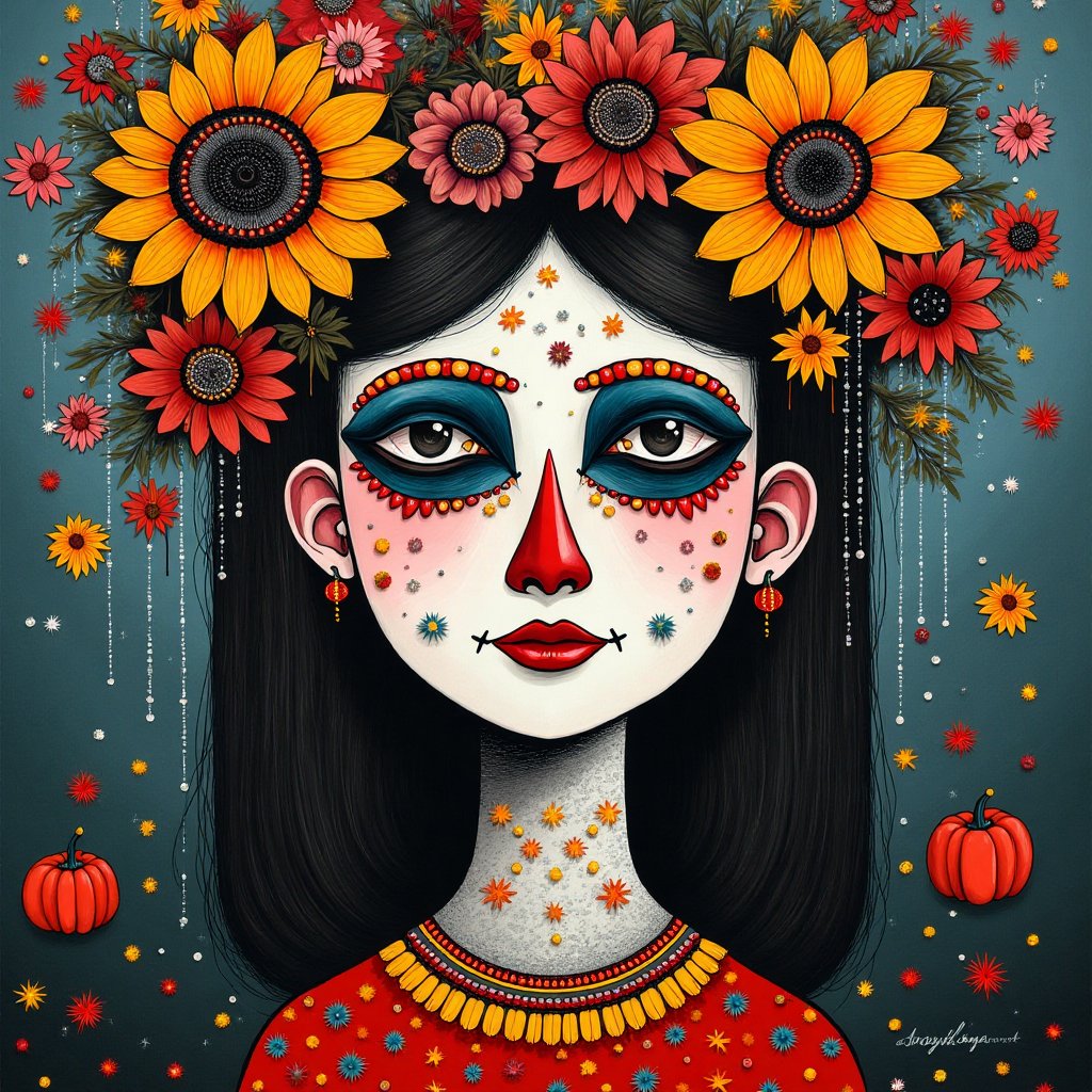 , whimsical folk art in the style of Julia pott Quentin Black Kandinsky , Abstract,Halloween makeup