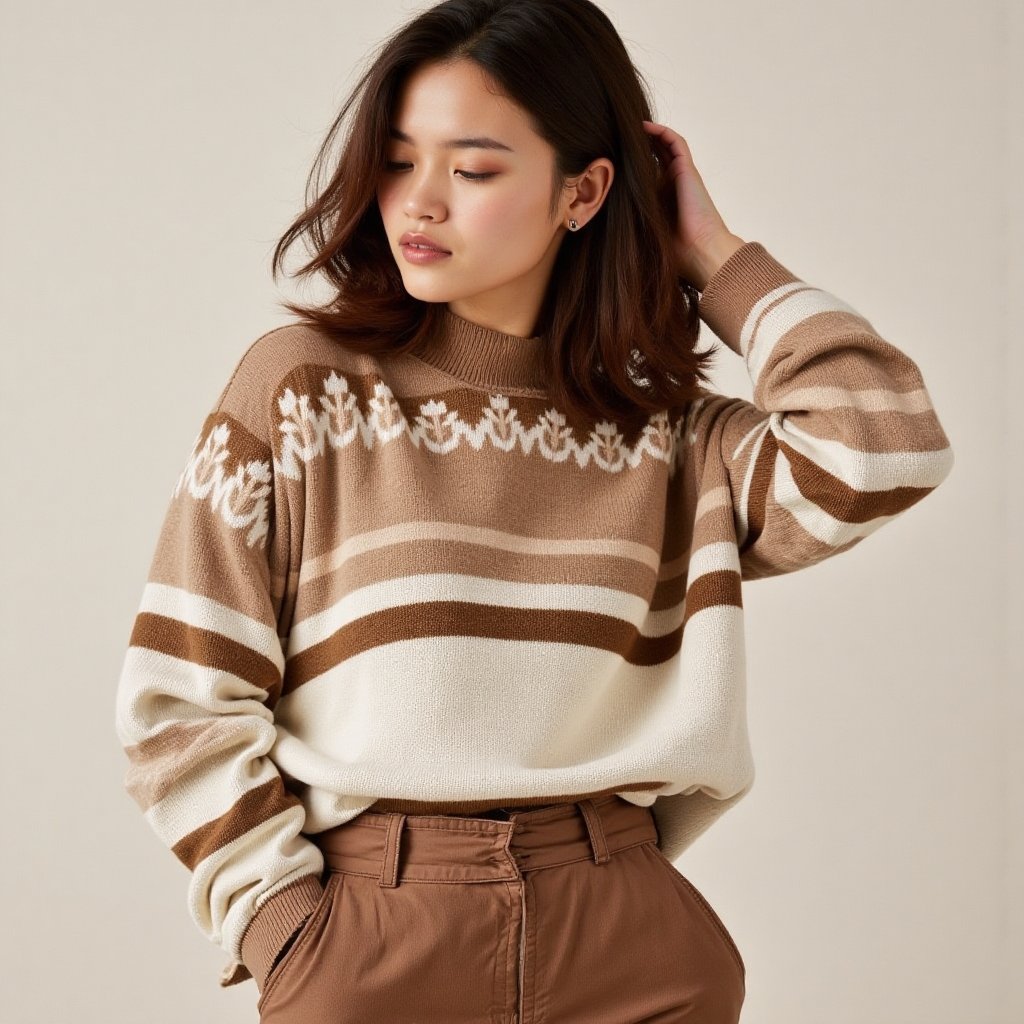 . Minimalist Christmas pattern knitted sweater sepia paper ,  muted colourful chritmas sweater,  fashion pose by wonder on...