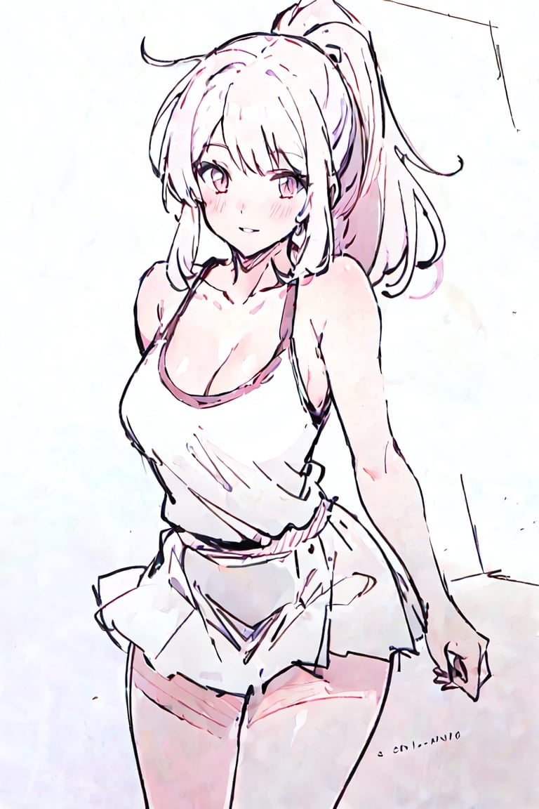 pencil-rough-drawing_style, rough-drawing, simple backgroud,1girl, ponytail, parted lips, blush, light smile, white medium hair, white sportswear, white skirt, thighs, bare shoulders, collarbone, narrow waist, cleavage, (masterpiece), ,line anime