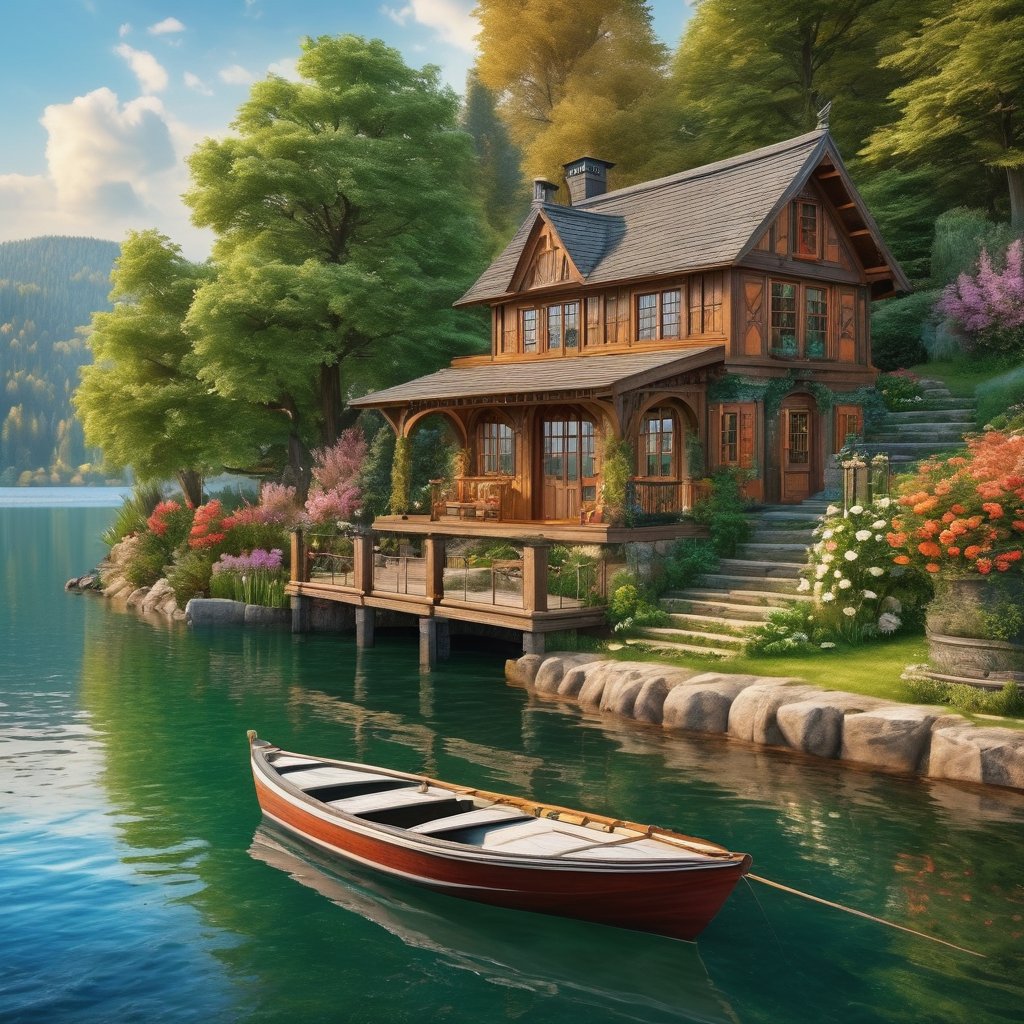 masterpiece, high quality realistic, aesthetic photo, pore and detailed, intricate detailed, graceful and beautiful textures, RAW photo, 16K,  boat house by the lake,