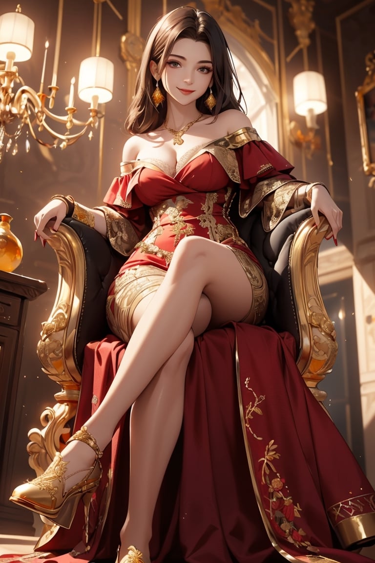 masterpiece, best quality, 8k high quality photo, intricate detail,  catsle's livingroom, look at camera,
25yo-1girl, detailed fair skin, detailed face, evil smile, dark-brown shoulder length straight hair, large breasts, cleavage, small gold necklace,(dark-red and gold fine-embroidery off-shoulder dress:1.5), crossed_legs, sit in a luxurious chair, from below,