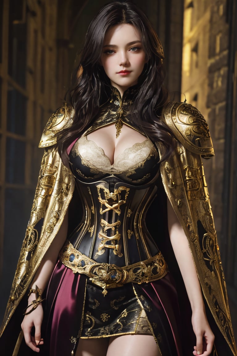 masterpiece, high quality realistic, aesthetic photo, pore and detailed, intricate detailed, graceful and beautiful textures, RAW photo, 16K, (head to thighs portrait), cinematic lighting, in the dark castle, ((fusion of cyber-punk and medieval-europe)), look at camera, beautiful knight girl, beautiful face, detailed eyes, eye shadow, black medium wavy hair, thin gold chorker, silk cloak, open chest sexy luxury silk dress, lace up corset, thin thigh,skirt,