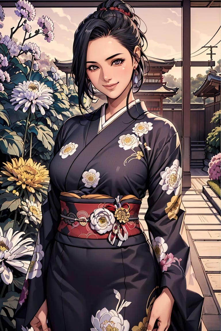 a beautiful japanese 1girl, detaled face, fair skin, shy smile, dark eyes, decorative topknot black hair, red ornate hairpin,  outdoor, ((in the chrysanthemum garden)),                                                                                             ((black color detailed-big-chrysanthemum-pattern brocade kimono))