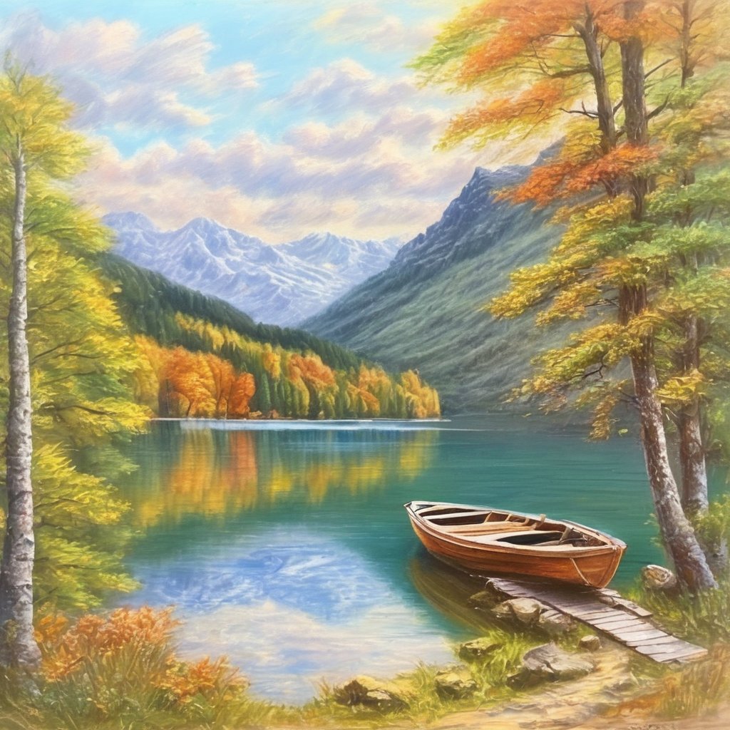 masterpiece, high quality realistic, (oil painting art), aesthetic photo, pore and detailed, intricate detailed, graceful and beautiful textures, RAW photo, 16K, 1boat , wooden boathouse near a lake deep in the mountains,Charcoal drawing, black pencil drawing,colored crayons,