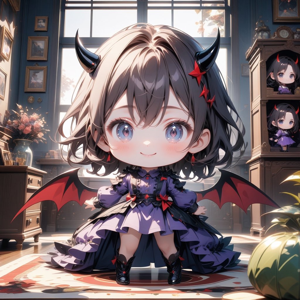 masterpiece, high quality animetion, aesthetic photo ,(HDR:1.2), pore and detailed, intricate detailed, graceful and beautiful textures, RAW photo, 16K, sharp forcus, vibrant colors, ((chibi character theme:1.4)), (head to waist portrait), in thre catsle livingroom, 5yo-little-devil, (devil corner),  (little devil wing), (wide shot), detailed cute face, smile, black short hair, large eyes, fair skin, purple dress, (action pose),chibi emote style