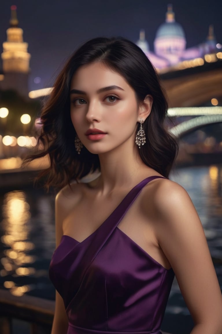 masterpiece, high quality realistic, realistic aesthetic photo, in the night city, by the river, (head to thins portrait), beautiful girl, black medium hair, hair back, necklace, earing, dark-purple one shoulder dress,