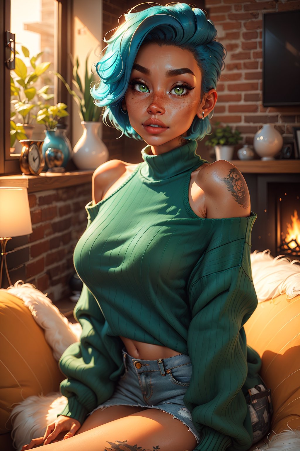 Style: disney, (pixar), 3d, cartoon, realistic, realism, (epic:1.2), trending on artstation, (high quality:1.2), (masterpiece:1.2) , (8k resolution) , high details, incredibly absurdres, color connection, colorized, colorful, sexy, nsfw, seductive),
(1girl mid twenty, latina face, freckles, (blue short hair), shaved sides, medium breasts, tattooed,  sw3ater, (green sweater:1.22), off-shoulder sweater, fuzzy sweater,
(Backround: cozy, wholsome, warm, living room)
