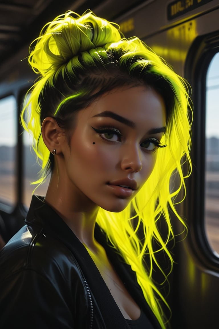  zavy-hrglw, macro shot of a beautiful latina girl on a train, messy bun hair, neon yellow hair, silhouette, hot, sexy, dimly lit, shadow, monochrome, b&w, instagram model, cinematic still, movie screencap, dynamic angle, 100mm f/2.8 macro lens, deep photo, depth of field, shadow,